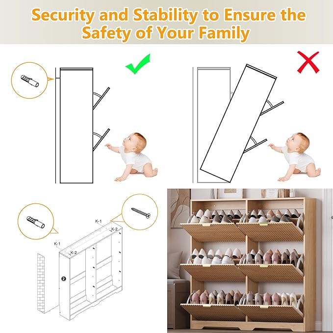 BORNOON Large Shoe Cabinet for Entryway, Tall Narrow Shoe Storage Cabinet with 6 Flip Drawers and Adjustable Shelves, Shoe Rack Cabinet Organizer for Hallway, Foyer, Small Apartment