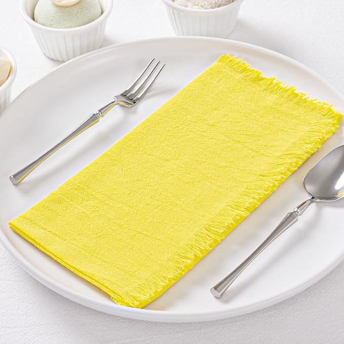DeZerlor 6 Pack Lemon Yellow Cotton Linen Napkins with Fringe Summer Cloth Napkins Set of 6 Boho Handmade Dinner Napkins Bulk for Wedding Bridal Baby Shower Parties, 17 x 17 Inches