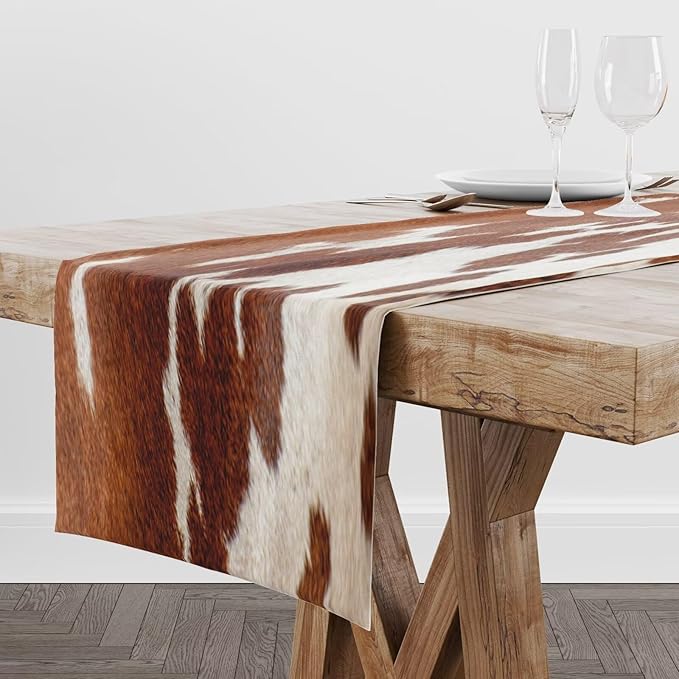 Cow Print Table Runner, Rustic Country Farmhouse Animal Fur Skin Western Farm Brown Cowhide Print Dinner Runner for Home Kitchen Dining Table Decoration 13x36 Inch