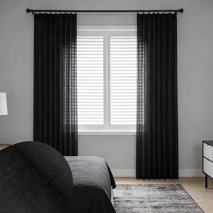 Black Linen Sheer Pinch Pleated Sliding Door Curtains, Neutral Light Filtering Curtains & Drapes 102 Inches Long, Textured Modern Dark Academy Moody Floor to Ceiling Window Curtain Panels