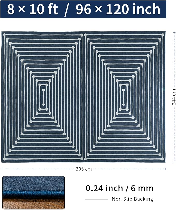 YIHOUSE Washable 8x10 Area Rugs for Living Room, Dark Blue Striped Rug for Bedroom Non Slip Low Pile, Large Modern Geometric Carpet for Playroom Dining Room Home Office Decor