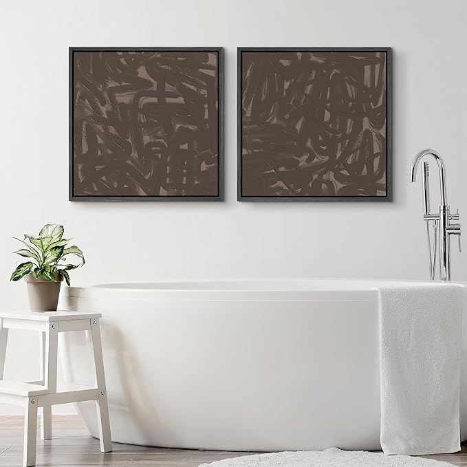 SIGNFORD Framed Canvas Print Wall Art Set Abstract Expressionist Brushstroke Bold Brown Illustrations Modern Art Minimal Relax/Calm for Living Room, Bedroom, Office - 24"x24"x2 Black