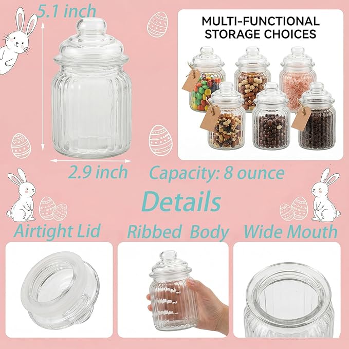 TOPZEA 12 Pack Glass Favor Jars with Airtight Lids, 8 oz Clear Apothecary Jar Decorative Vintage Kitchen Storage Canister for Cookie, Candy, Sugar, Spice, Wedding Easter Favor, Candle, Vertical Ribbed