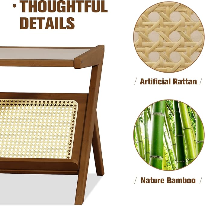 Bamworld Rattan Coffee Table with Glass Top Mid-Century Modern Center Table with Storage for Living Room Table Brown