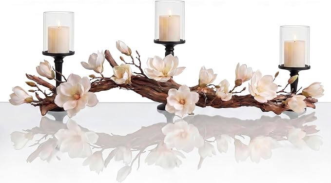 Magnolia Vine Driftwood Farmhouse Table Centerpiece - 3pc Candle Holder Set - Floral Table Decor for Dining Room, Living Room, Mantle & Weddings (Black)