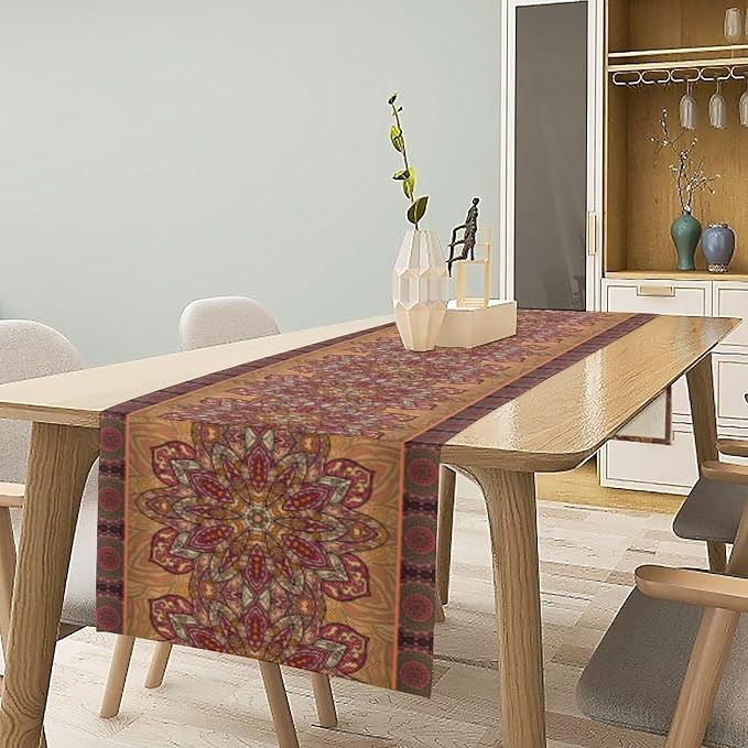 YCness Retro Mandala Table Runner Vintage Boho Table Decor Bohemian Polyester Runner for Tables Brown Farmhouse Spring Decor for Kitchen Dining Tables Runner 13x36 Inch