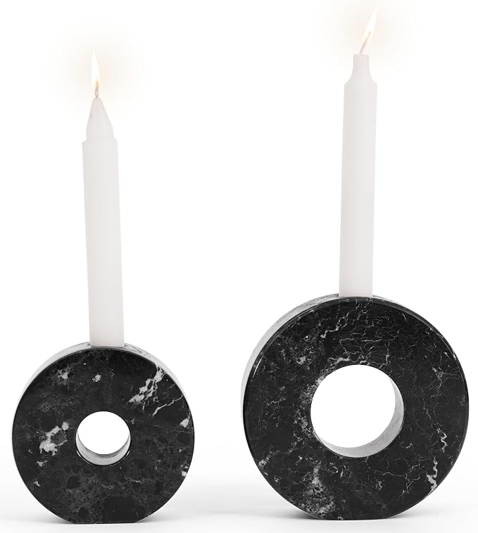 Marble Taper Candle Holders Set of 2 Black Elegant Candlestick Holders for Table Decor, Living Room & Home Centerpieces, Perfect for Pillar Candles & Gifts