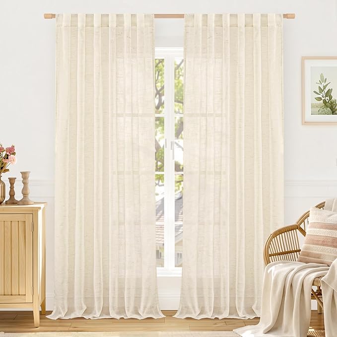 LAMIT Living Room Linen Curtains 90 Inch for Bedroom, Linen Textured Sheer Back Tab and Rod Pocket Panels Light Filtering Country Decor Drapes for Living Room, 2 Panels, 52 x 90 Inch, Linen