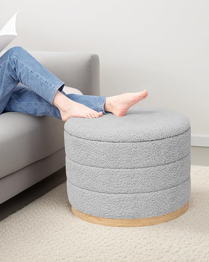 PINPLUS Chenille Folding Ottoman Footstool, Round Storage Ottoman, Soft Fabric, 330 lbs Load Capacity, Large Ottoman for Living Room, Bedroom, Dorm, Silver Grey Colors