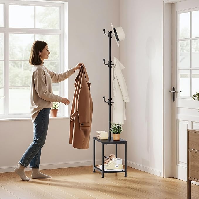 Hall Tree with Bench and Shoe Storage, Coat Rack Freestanding Coat Rack Shoe Bench, Corner Coat Hanger Stand Standing Hat Rack, Tree Stand Purse Rack Tree Black Coat Racks with Shelf