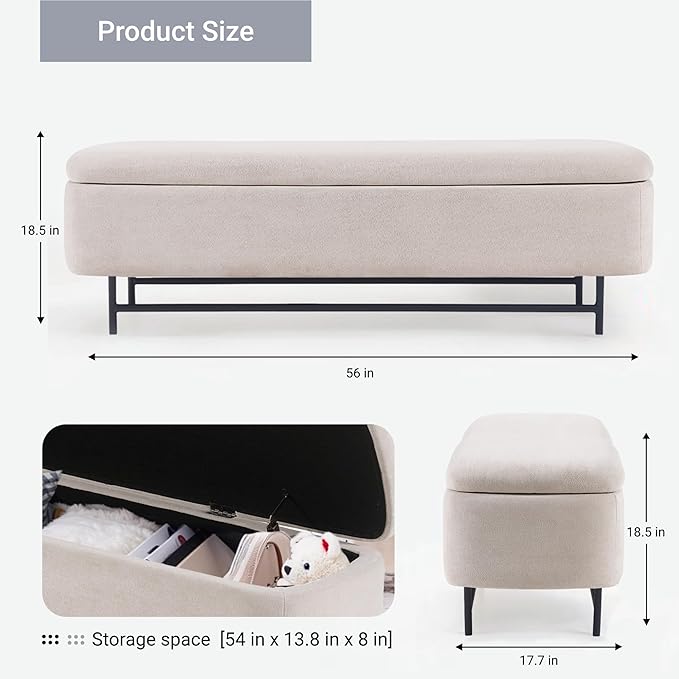 56" Boucle Storage Bench for Bedroom, Upholstered Teddy Ottoman Bench, Modern Extra Long Storage Bench for End of Bed/Entryway/Livingroom/Window (TAN)