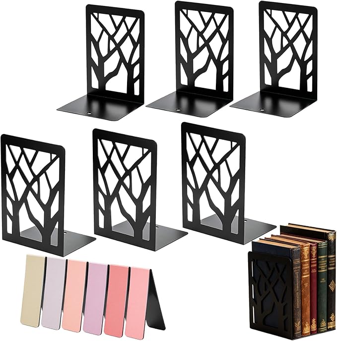 6 Pcs Metal Book Ends for Shelves, Modern Black Small Bookends Organizer, Minimalist Book Stopper & Invisible Metal Book Ends for Home Office Décor