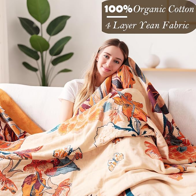 VANJOROY Boho Throw Blanket, 100% Cotton Breathable Soft Bed Throw - Floral Bird Farmhouse Decor Blanket for Sofa Couch Chair Quilt and Gift. 80" x 90"- Beige