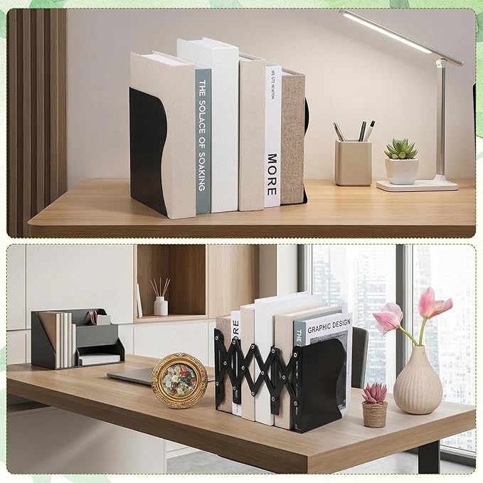 2 Pcs Adjustable Bookends, 2 Dividers, Metal Book Ends for Heavy Books Anti-Slip Book Organizer for Desk Shelves Office, Extends up to 19 inch (Black)
