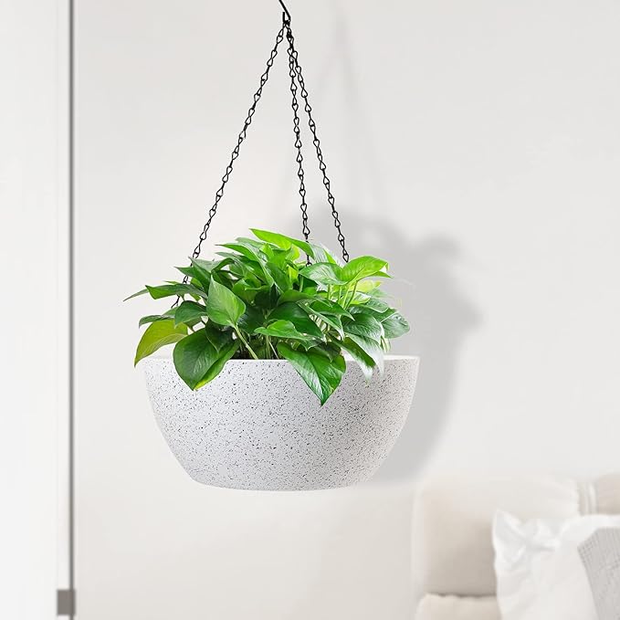 WSMKSZ 13 inch Large Hanging Planters Plant Pots for Outdoor Indoor Plants with Drainage Holes and Chain, 2 Pack Round Hanging Flower Pots for Garden Home Porch Decor, Speckled White