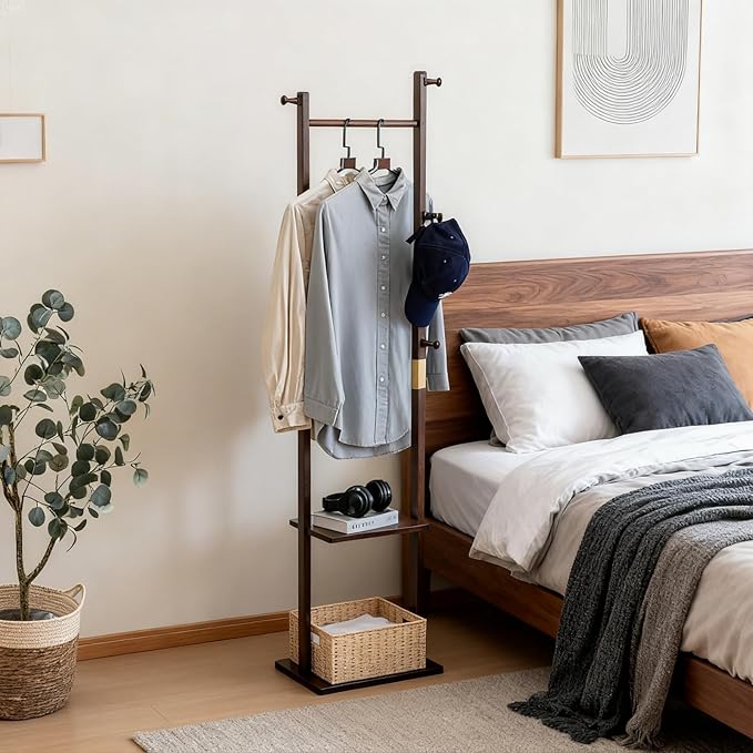 Clothes Rack Solid Wood Coat Rack with Shelves and Hooks – Garment Clothing Rack Coat Rack with Storage for Hallway, Bedroom, Living Room, 15.75 inch, Walnut