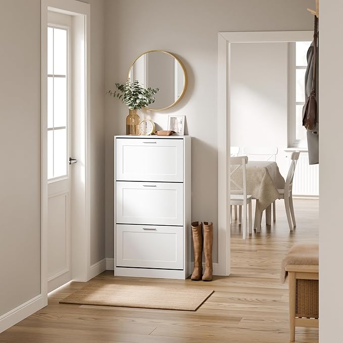 Haotian Shoe Cabinet Storage for Entryway, Narrow Shoe Cabinet with Three Flip Drawers to Save Space, Shoe Rack Cabinet for Front Door Entrance Hallway (White)