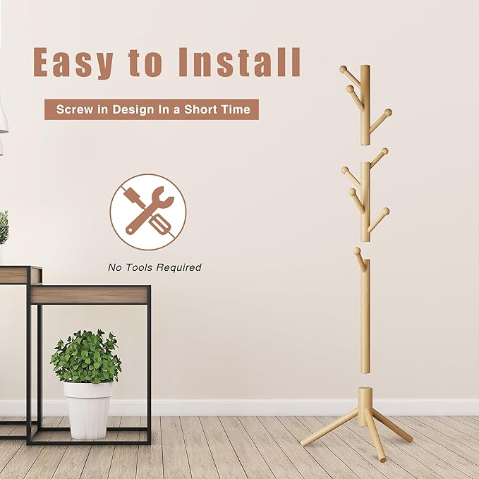 Coat Rack, Coat Racks Freestanding with 8 Hooks 3 Adjustable Heights for Clothes, Hats, Handbags, Coat Tree Easy Assembly for Entryway, Bedroom, Hallway, Office(Nature)
