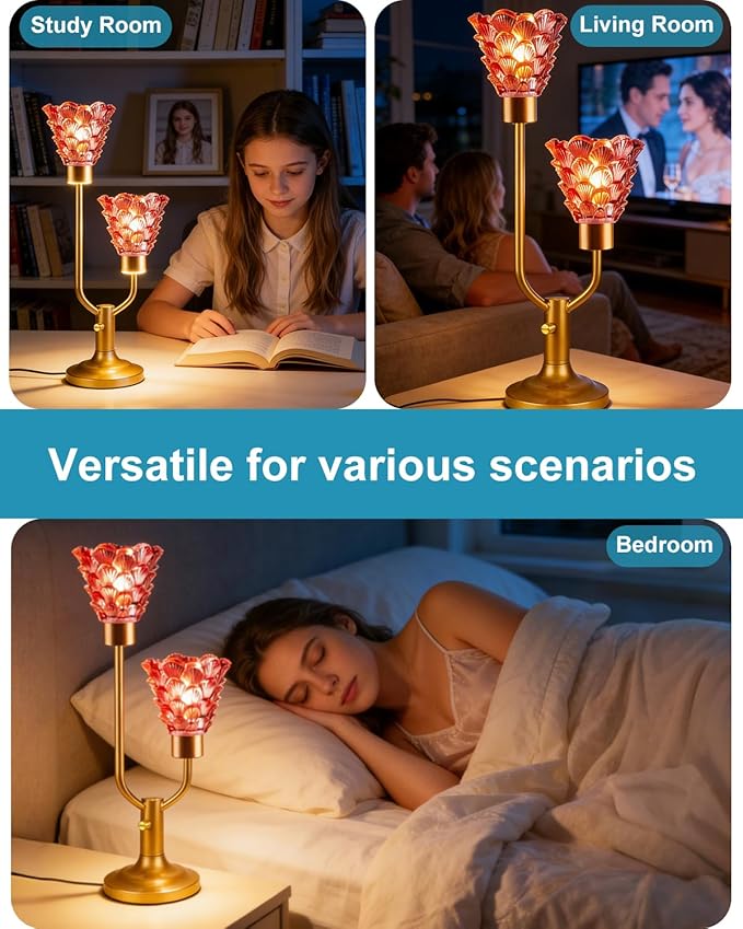 Lightdot Glass Red Table Lamp Dimmable Mid Century Modern Gold Desk Lamp with Shell Flower Shades 2 Bulbs Included 3000K Warmwhite Nightstand Ambience Lamp for Bedroom Bedside Living Room