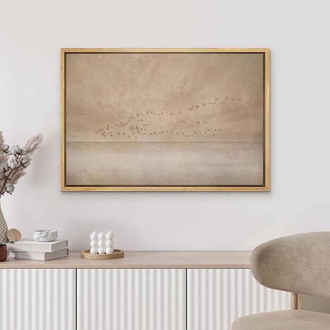 MUDECOR Framed Canvas Print Wall Art Minimalist Flock of Birds Over Neutral Landscape Illustrations Minimalism Decorative Bohemian Zen for Living Room, Bedroom, Office - 16"x24" NATURAL