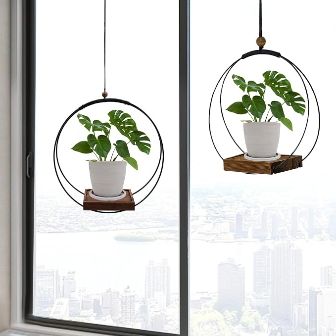 hismocal Hanging Planter for Indoor Plants,Plant Hanger with Sturdy Wood Base & Pot, Modern Boho Macrame Plant Hanger,Wall Ceiling Window Stands(2 Pack+Pots)