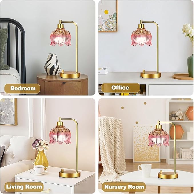 ILLMTW Pink Table Lamp Set of 2,Small Gold Bedside Lamps Dimmable Boho Bedroom Lamp with Tulip Flower Glass Lamp Shade,Vintage Mid Century Modern Mini Nightstand Lamp for Bedroom Living Room