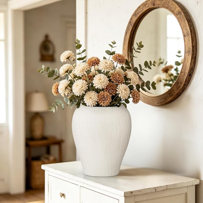 Slim Flat Ceramic Vase for Home Decor, 13" Ribbed Modern Flower Vase, Space-Saving Narrow Decorative Vase for Pampas Grass Artificial Flowers, Farmhouse Boho Table Centerpiece, White