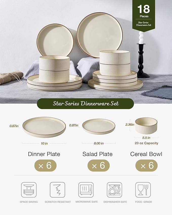 Famiware Star 18-Piece Stoneware Plates and Bowls Sets, Service for 6, Ceramic Dinnerware with Trim, Modern Rustic Dishes for Everyday/Formal, Chip/Scratch Resistant, Microwave/Dishwasher Safe, Cream