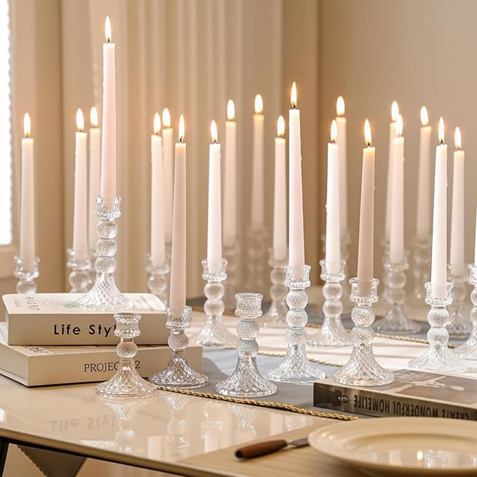 Mumufy 48 Pack Glass Taper Candle Holders Clear Candlestick Holder Fit 0.8 Inch Candles 4'' 6'' 8'' Tall Crystal Decorative Candlestick Stand Centerpiece for Table Wedding Dining Party (Vintage)