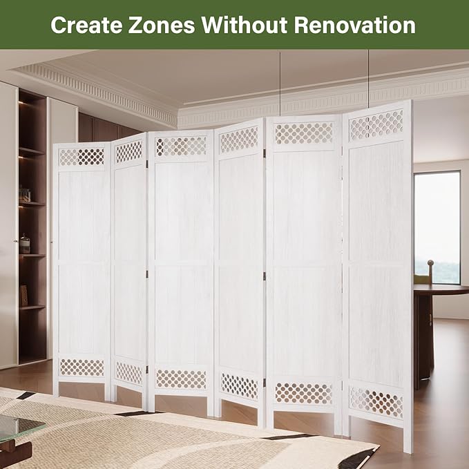 Privacy Screen Room Divider Panel - 67 Inch Tall Natural Wood Folding Partition Room Dividers, No-Assembly Required, Enhance Privacy and Aesthetic Appeal, Ideal for Home or Office White 6 Panel
