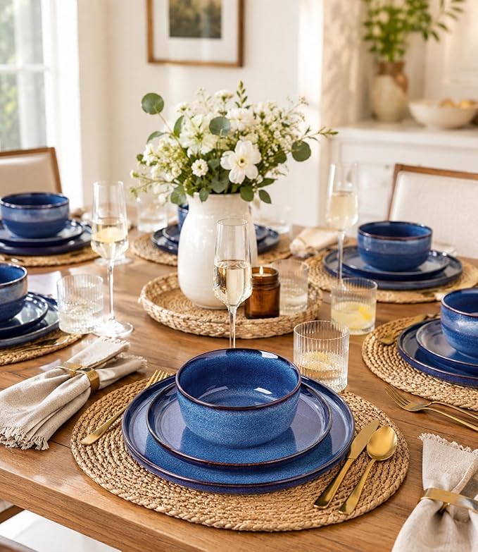 GBHOME Dinnerware Sets for 8, 24 Pieces Stoneware Plates and Bowls Sets, Scratch Resistant Ceramic Dishes, Dishwasher & Microwave Safe, Reactive Glaze-Sea Blue