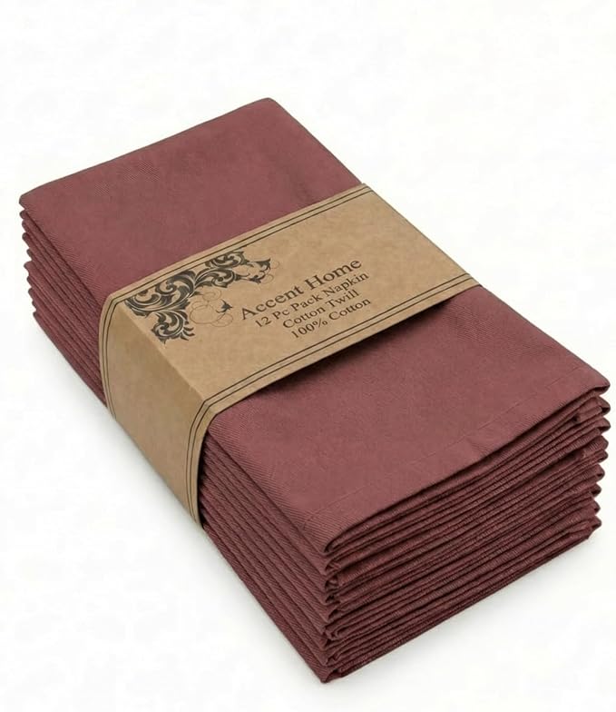 ACCENTHOME Accent Home 100% Cotton Napkins, Delicate Cloth Napkins for Dinners, Parties and Weddings，18 x 18 Inch Set of 12 - Burgundy