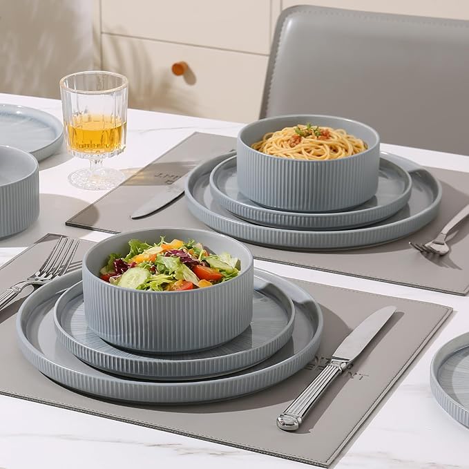 Dinnerware Sets for 4, Ceramic Plates and Bowls Set 12 Piece Dinnerware Chip Resistant Stoneware with Advanced Inkjet Printing Technology, Dishwasher and Microwave Safe-Smoky Blue