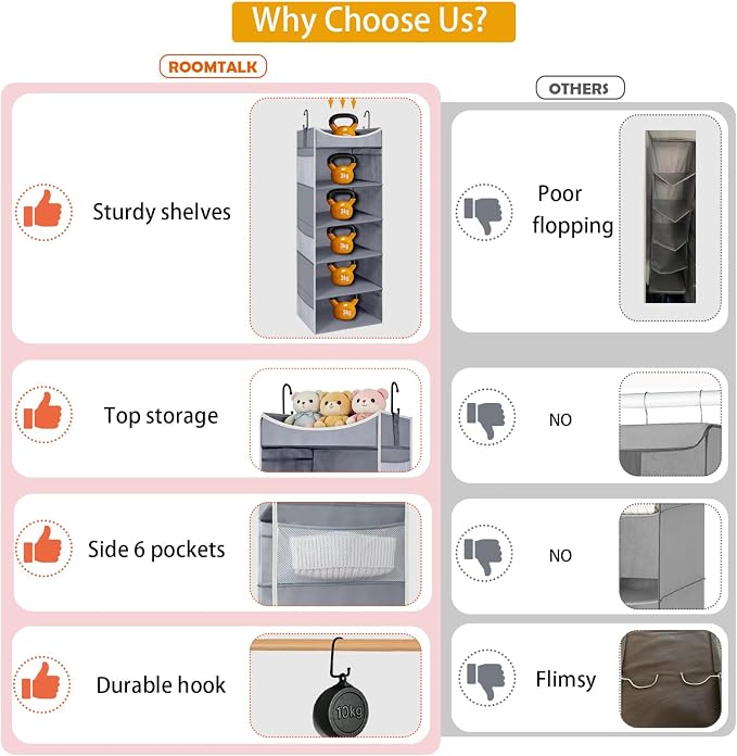 5-Shelf Hanging Closet Organizer and Storage with 6 Side Pockets, Collapsible Closet Hanging Shelves for Storage, Grey
