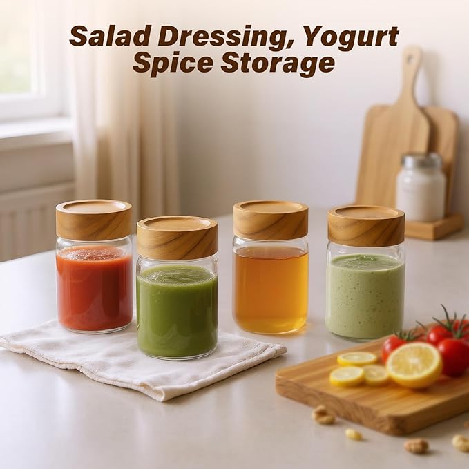6-Pack 8 fl oz Stackable Airtight Glass Jars (with Acacia Wood Lids + Sticker Labels) – Small Mason Jars designed for overnight oats, spices, dry goods, and kitchen organization.