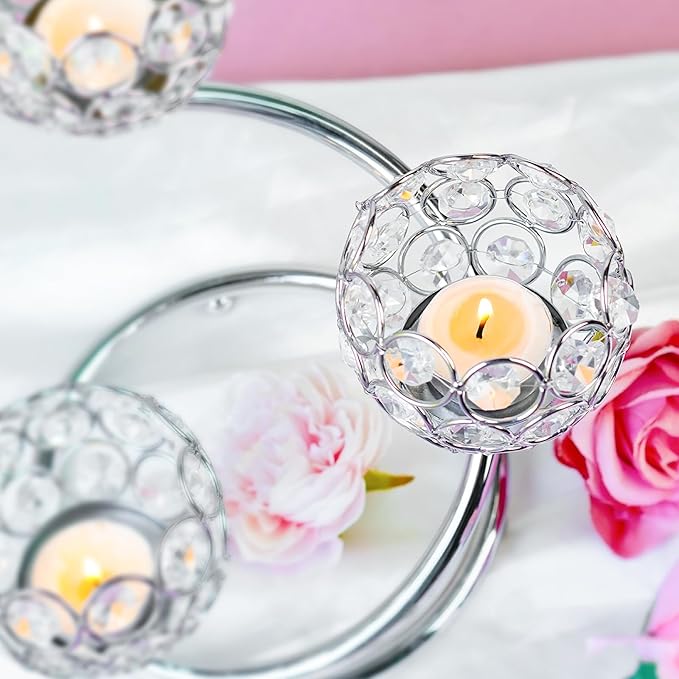 Silver Metal Crystal Candle Holder Set of 3 - Elegant 5-Arm Metal Tea Light Centerpiece with Shining Crystal Bowl, Wedding Anniversary Table Decor for Dining, Party