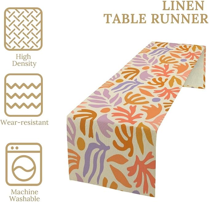 Retro Groovy Flower Table Runner Vintage Abstract Plant Leaf Hippie Seasonal Spring Farmhouse Country Dinner Runner for Home Kitchen Dining Table Party Holiday Decor 13"x90"