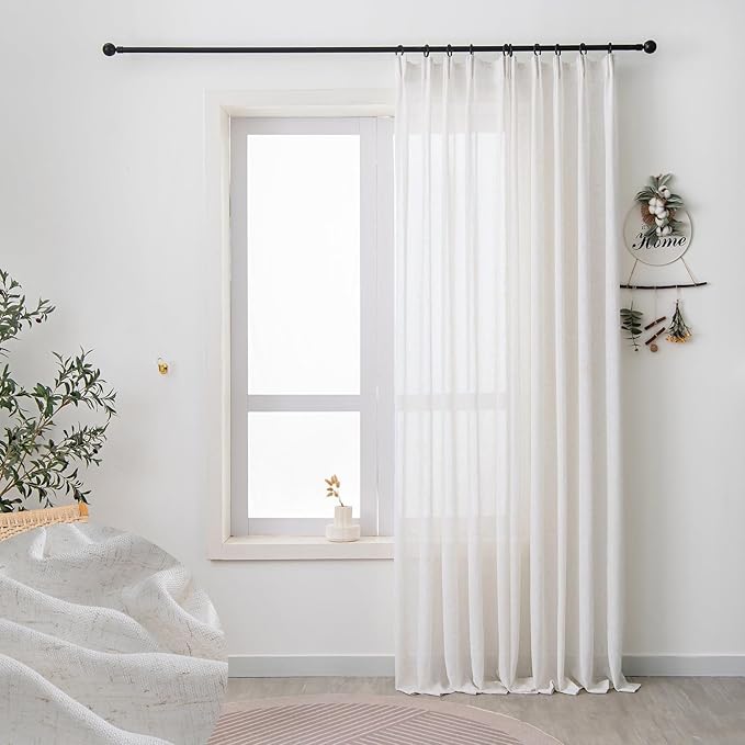 Ivory Linen Semi Sheer Curtains 90 Inches Long, Flax Light Filtering Curtains & Drapes for Bedroom, White Oatmeal Window Treatments, Retro Farmhouse Pinch Pleat Ceiling Curtain with Hooks