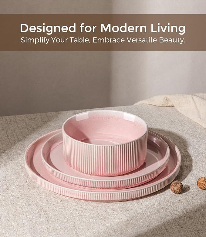 GBHOME 24-Piece Stoneware Dinnerware Set for 8 – Ribbed Ceramic Plates and Bowls, Scratch-Resistant, Microwave & Dishwasher Safe, Reactive Glaze, Blush Vei