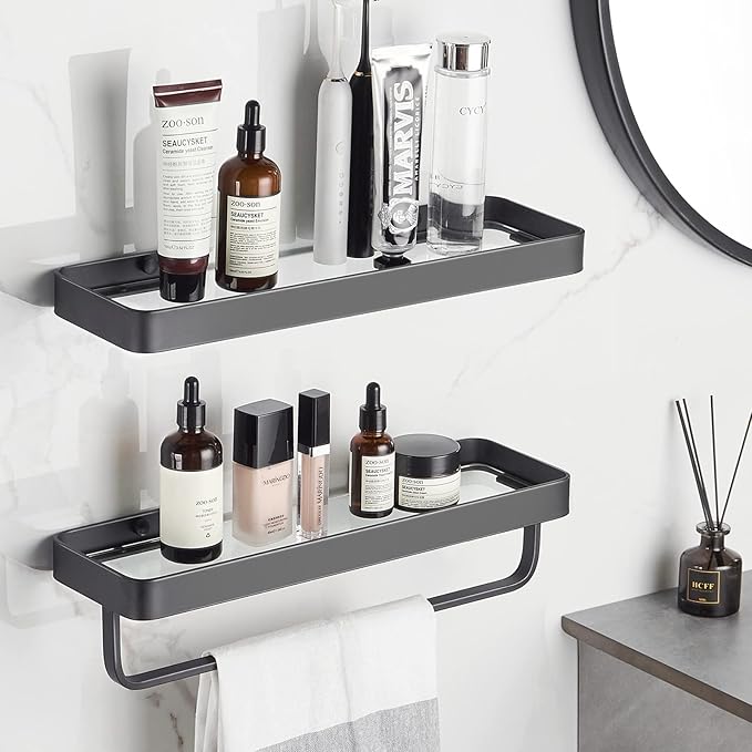 VOLPONE Bathroom Shelves Wall Mounted Glass Shelf for Floating Shelf Tempered Glass Shelves 2 Tier Bathroom Wall Organizer(Black)