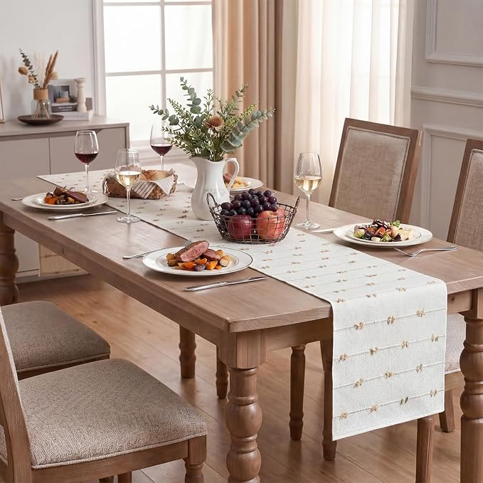 Artoid Mode Taupe Beige Boho Farmhouse Cotton Woven Table Runner, Seasonal Fall Kitchen Dining Table Decoration for Home Party Decor 12x36 Inch