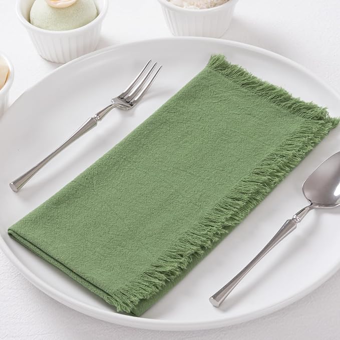 DeZerlor 12 Pack Sage Green Cotton Linen Napkins with Fringe Summer Cloth Napkins Set of 12 Boho Handmade Dinner Napkins Bulk for Wedding Bridal Baby Shower Parties, 17 x 17 Inches