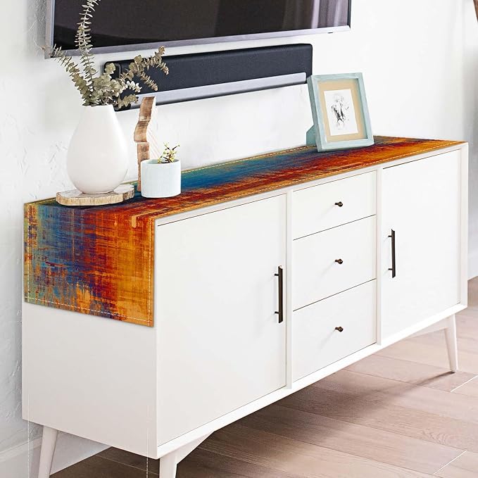 Orange and Blue Table Runner Modern Abstract Messy Rust Painting Linen Dresser Runner Vintage Farmhouse Style Table Decor for Kitchen Dining Wedding Coffee Home Party (13"x 90", Orange)