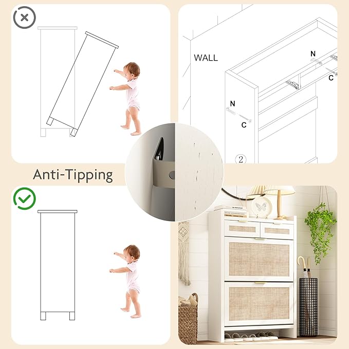 Shoe Organizer Cabinet Storage for Entryway - Slim Rattan Shoe Rack for Front Door Entrance, Narrow Hidden Shoe Cabinet with Flip Drawers, Boho Shoe Holder Cabinet，Two Doors, White