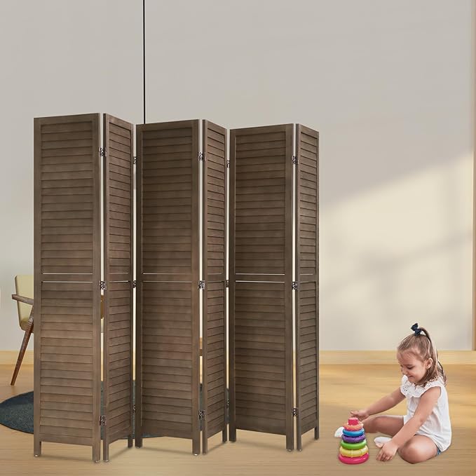 PayLessHere Room Divider Wood Privacy Screen 5.75 Ft Indoor Folding Portable Partition Screen for Bedroom Office Restaurant (Brown, 6 Panel)