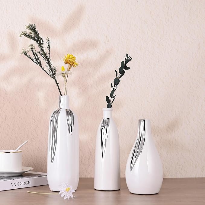 Ceramic Vase 3 Piece Set, White and Silver Vases for Home Decor, Decorative Vases for Mantels, Shelves and Entryway Decor, Dining Table Centerpieces, Living Rooms, Fireplaces and Kitchen Decor.