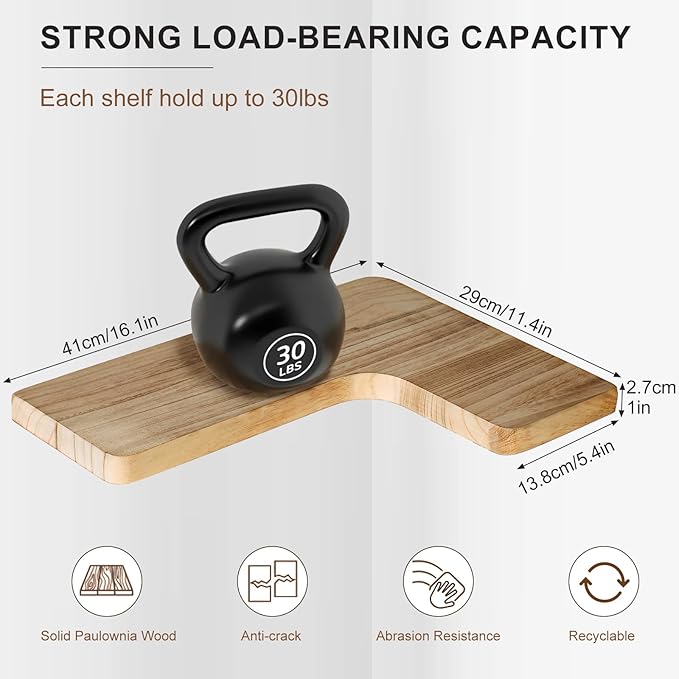 Floating Corner Shelves, Wall Shelf Set of 2, Shelves for Wall Storage, Solid Wood Shelves for Storage, Wall Mount Wooden Display Shelf for Bathroom Bedroom Kitchen Garage (Light 2pcs)