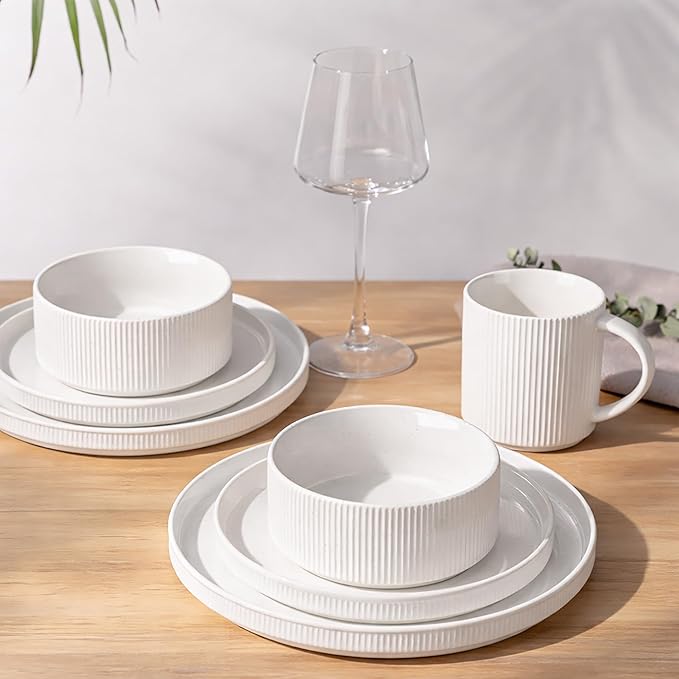 GBHOME Stoneware Dinnerware Sets for 4, 12 Pieces Ceramic Ribbed Plates and Bowls Set, Reactive Glaze Stackable Plate Sets, Scratch Resistant Dishes, Microwave & Dishwasher Safe, White