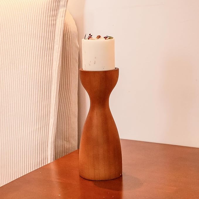 Farmhouse Wooden Candle Holders for Pillar Candles, Brown Rustic Wood Pillar Candle Stands Table Centerpiece Decor for Fireplace, Living, and Dining Room (Brown)