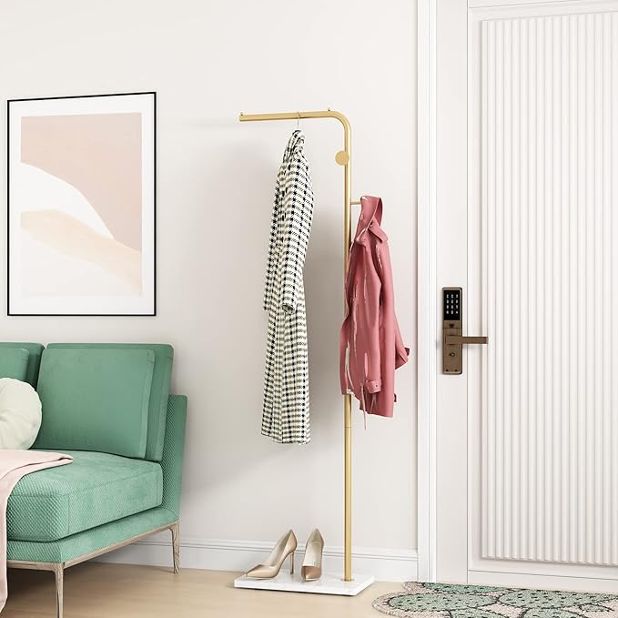 DOORXIFO Gold Coat Rack with White Base, Freestanding Entryway Rack with 3 Hooks, L Shape Home Coat Hanger for Jackets, Hats, Clothes